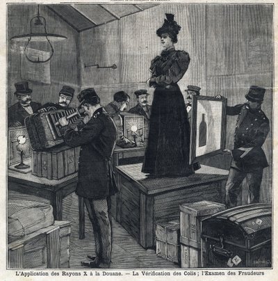 Anvendelsen av røntgenstråler (røntgenstråler) har skikker: verifisering av pakker og undersøkelse av svindlere. I "" Le Peute Parisien"" 11.07.1897. Privat samling av French School