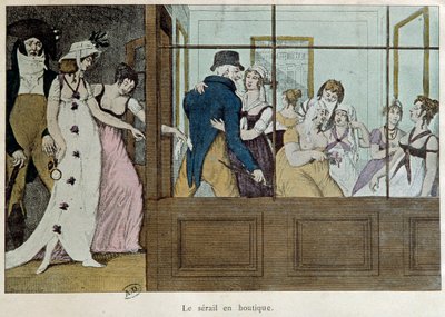 Avtalebutikken: serailen i butikken Et bordellhus på Palais Royal i Paris. Litografi fra begynnelsen av 1700-tallet Paris, dekorativ kunst av French School