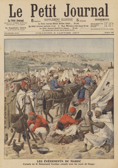 Hæren til Mohammed Guebbas slo leir under murene til Tanger, Marokko (farge litho) av French School