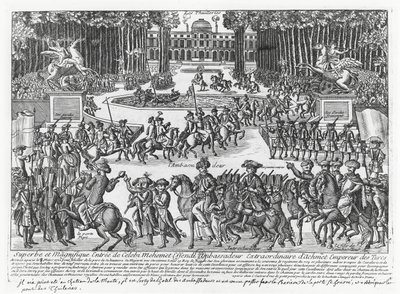 Ankomsten av Mehmed Celebi Efendi, ambassadør for Sultan Ahmed III av Tyrkia, til Tuileriene for å bli mottatt av Louis XV i 1721 (gravering) av French School