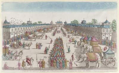 Ankomsten av de siamesiske ambassadørene til Den forbudte by i Peking på deres besøk til keiseren av Kina, 2. halvdel av 1700-tallet av French School
