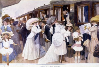 Ankomsten av "" Train of Husbands", deb.20. århundre. av French School