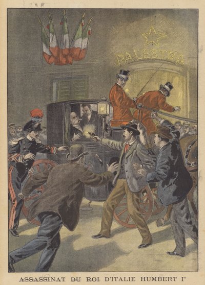 Attentatet på kong Umberto I av Italia (farge litho) av French School