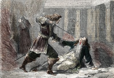 Attentatet på markis Gianrinaldo Monaldeschi, elsker av dronning Christina av Sverige (1626-1689) på slottet i Fontainebleau av French School
