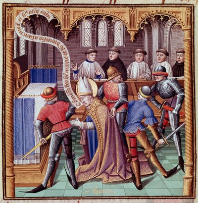 Attentatet på Thomas Becket i 1170 (Attentatet på den hellige Thomas av Canterbury). Miniatyrbilde hentet fra «Le miroir historial» (Speculum Historiale) av Vincent de Beauvais (1190–1264), oversatt til fransk av Jean de Vignay. av French School