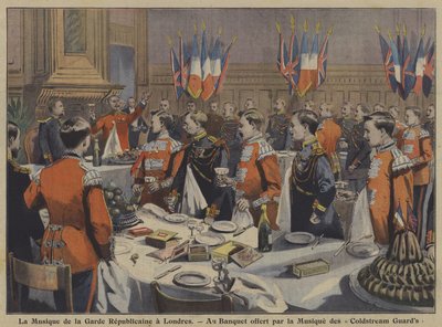 Bandet til den franske republikanske garde deltar på en bankett arrangert av bandet til Coldstream Guards i London (farge litho) av French School