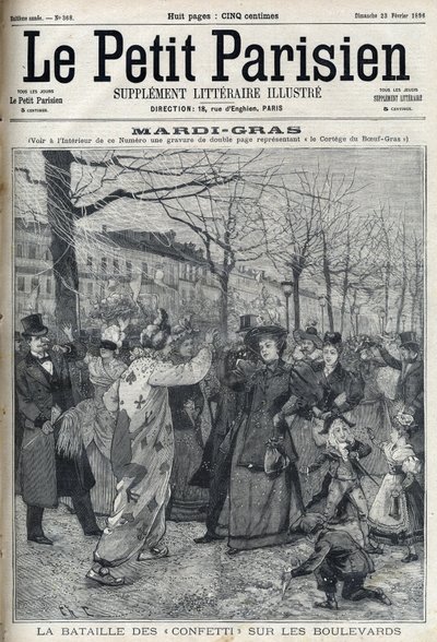 Kampen om konfetti på den parisiske boulevarden under Mardi Gras (Mardi-Gras). Gravering i "Le petit Parisien" av French School