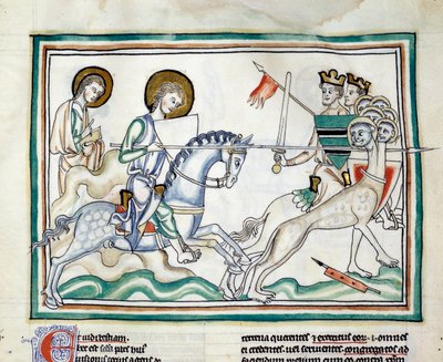 Kampen med dragen har syv hoder: riddere kjemper mot en drage med flere hoder, med spyd, som legemliggjør de syv kongene. Miniatyr hentet fra "The Apocalypse of Cambrai"" belyst av den franske skolen på 1200-tallet. Frk. 422. Kommunebibliotekar av French School