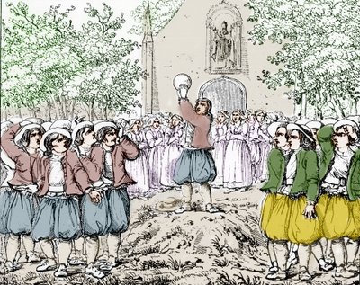 Begynnelsen på et soule-spill (fotball) i Bretagne på midten av 1800-tallet. av French School