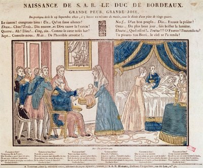 Fødselen til Henri Charles Ferdinand Marie Dieudonne de France, Duc de Bordeaux, Comte de Chambord 29. september 1820 (farget tregravering) av French School