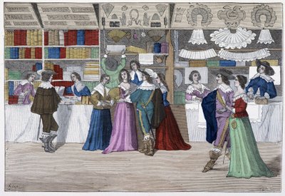 Butikkene i galleriet til tinghuset under Ludvig XIII - i "Paris gjennom århundrene"" av French School