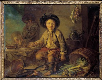 Frokosten til det lille Savoyard-maleriet fra den franske skolen. Rundt 1750-1780. Dim. 0,59x0,73 m. av French School