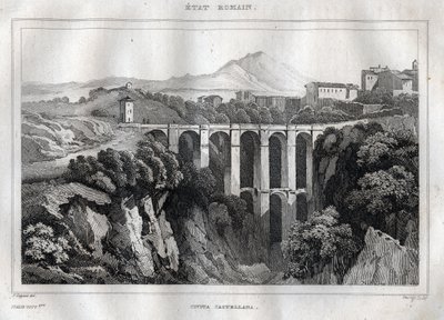 Broen har doble arkader - CIVITA CASTELLANA - Provinsen Viterbo - Italia - Gravering fra "" Italy Picturesque" - Historisk og beskrivende maleri av Italia"" av M. de Norvins, Ch. Nodier 1834-1836. av French School