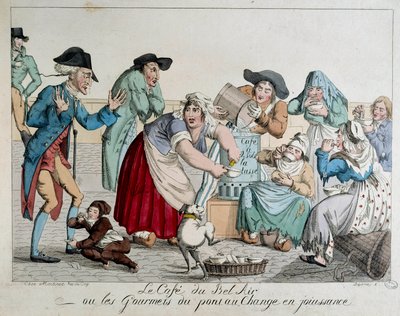 Caféen du Bel Air eller gourmetene på Pont au Change nyter pariserne uten penger å drikke kaffe har koppen foran de skremte øynene til en adelsmann. Anonymt 1700-tallstrykk. Paris, Musee Carnavalet av French School