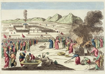 Israelittenes leir og ofringen av den røde kua (fargegravering) av French School