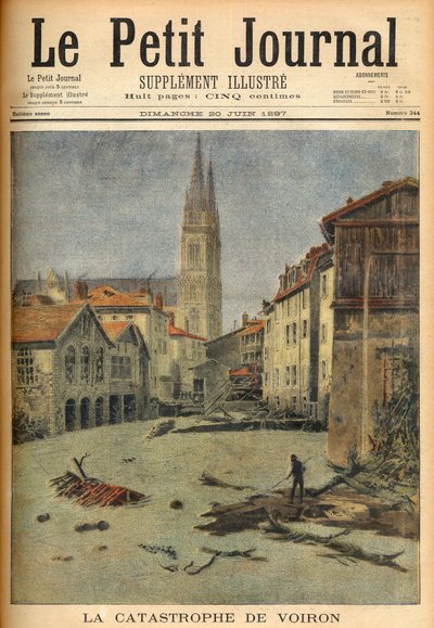 Katastrofen (flom) i landsbyen Voiron (Isère) Frankrike i "Le Petit Journal", 20. juni 1897 (gravering) av French School