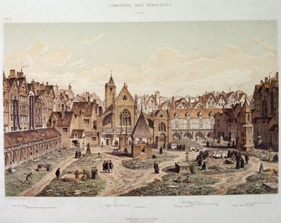 De uskyldiges kirke og kirkegård i 1550 - i "Paris a travers les ages", sent på 1800-tallet. av French School