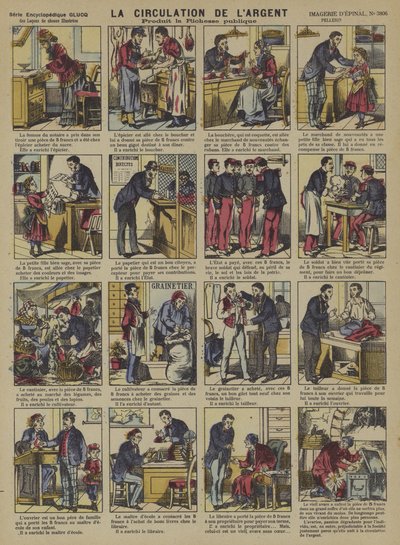 Sirkulasjonen av penger (farge litho) av French School