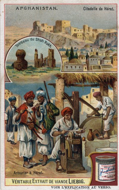 Byen og rustningsmennene til byen Herat i Afghanistan og graven til Shah Rukh. Kromolitografi fra 1800-tallet. av French School