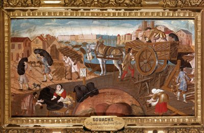 Kulldokken i Paris Scene for kullhandelen i gatene i Paris. Anonymt fan-maleri av den franske skolen på 1600-tallet. Reims, Musée Saint Denis av French School