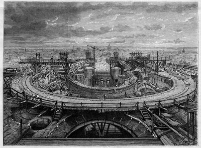 Byggeplassen til kirken Sacre Coeur i Montmartre i 1886, I "The Illustrous World". av French School