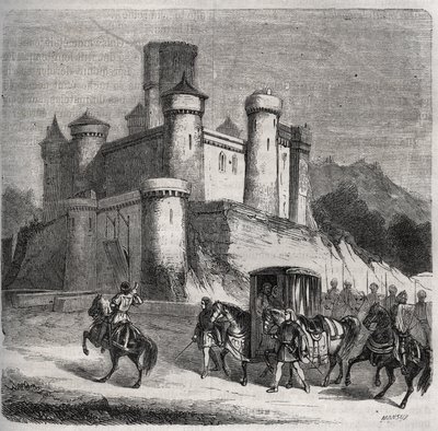 Kortesjen til Rigonde (Rigonthe) (rundt 569-etter 589) forlater Paris for å gå til forloveden hans, prins Recarede. Gravering fra 1871 i «Histoire Des Cocus Celebres»» av Henry de Kock (1819-1892). av French School