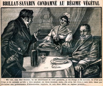 Die kuriose vegetarische Diät des Feinschmeckers Jean Anthelme Brillat-Savarin (Brillat Savarin) (1755-1826), auf dem Titelblatt der Wochenzeitung „La cuisine des familles“ Nr. 90, 10. März von French School