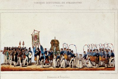 Dansen til bryggere og bødkere under industrikortesjen i Strasbourg 25.06.1840. Litografi av Simon av French School