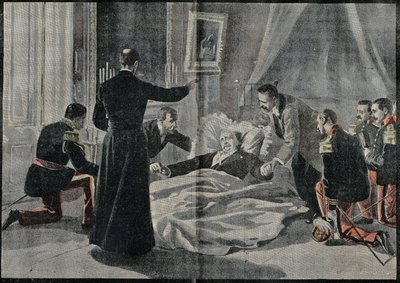 Dødsfallet til Felix Faure (1841-1899), president i Frankrike, Abbe Renault ga ham syndsforlatelsen. Gravering i "" Le Pelerin"" 26/02/1899. av French School