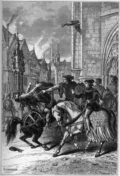 Dødsfallet til Wat Tyler i Smithfield, London, i 1381 under bondeopprøret - Death of Wat (eller Walter) Tyler, engelsk revolusjonær, i Smithfield, under bondeopprøret, London av French School