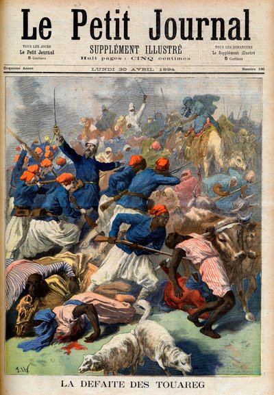 The defeat of the Tuareg. French colonial troops under the command of Lieutenant-Colonel Joseph Joffre (1852-1931) - The Defeat of the Touareg. Illustration for Le Petit Journal, 30 April 1894 (engraving) av French School