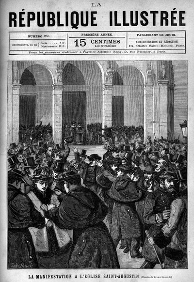 Demonstrasjonen ved Saint Augustine-kirken (Saint-Augustine) i Paris: opphetet mellom det parisiske politiet og demonstranter som er fiendtlige til dekretene fra mars 1880 tatt av Jules Ferry som fjerner retten til å undervise uautoriserte religiøse menigh av French School