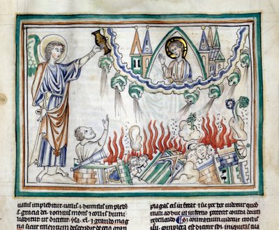 Ødeleggelsen av Babylon Miniature hentet fra "The Apocalypse of Cambrai"" belyst av den franske skolen på 1200-tallet. Frk. 422. Kommunebibliotek, Cambrai av French School