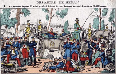 Katastrofen i Sedan; eks-keiser Napoleon III blir fanget i Sedan og leverer til prøysserne en fransk hær på 80 000 mann, et bilde av en spinal fra 1800-tallet. av French School