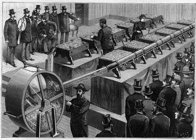 The draw of financial securities (system of payment of loans by repayable bonds): an overview of the wheel of the numbers of a draw, by twelve Casanova machines operating simultaneously. Engraving in “” La Nature. Revue des sciences et de ses applications  av French School