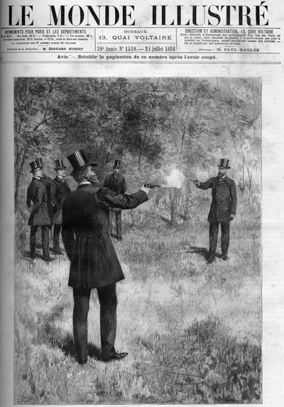 Duellen til general Georges Boulanger (1837-1891), krigsminister og baron Lareinty, senator. Gravering i "" The Illustrous World "" 1886. av French School