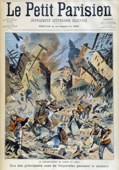 Jordskjelvet i Chile: Valparaiso under katastrofen - i "" The Little Parisian"" av 09.09.1908 av French School