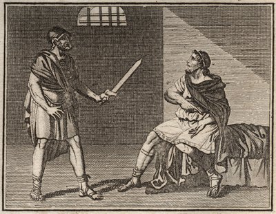Den eminente generalen Marius, på flukt fra Sulla, blir tatt til fange ved Minturnae, men ingen tør drepe ham, ikke engang en fremmed slave. av French School