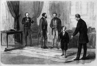 Ingeniøren Boutet presenterte planen sin for en jernbanebro mellom Frankrike og England for keiser Napoleon III (1808-1873), i nærvær av sønnen Prince Imperial (1856-1879) av French School