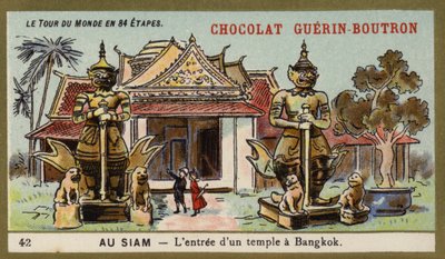 Inngangen til et tempel i Bangkok, Siam (chromolitho) av French School