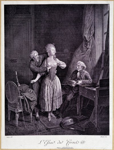 Essayet om korsettet (to menn og en kvinne med strippede bryster) - 18. gravering. av French School