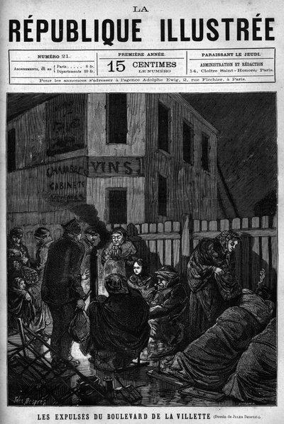 Utkastelsen av Boulevard de la Villette: arbeidere utvist fra en by i Paris må sove på gaten (S.D.F.). En avis. Gravering fra 1880 i "La republique illustree"" privatsamling. av French School