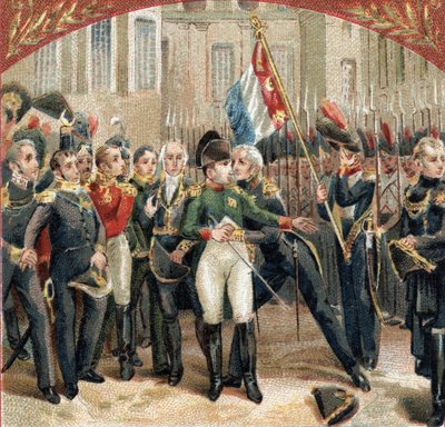 Avskjeden til Napoleon Bonaparte (1769-1821) har den keiserlige vakt på gårdsplassen til Cheval Blanc ved slottet Fontainebleau den 20.04.1814. Kromolitografi fra slutten av 1800-tallet av French School