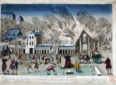 Brannen på St Germain Fair i Paris, natten 16. til 17. mars 1762 - gravering av French School