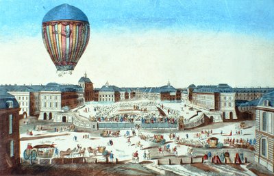 Den første flyturen til Pilatre du Roziers varmluftsballong, oppkalt etter sponsoren, M. Montgolfier, i Versailles 23. juni 1784 av French School
