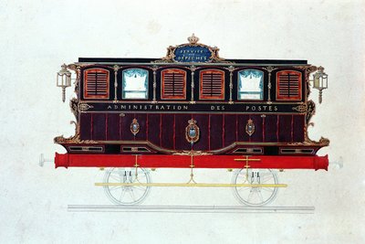 Den første postbilen i Frankrike, ca. 1830-48 (penn og blekk og wc på papir) av French School