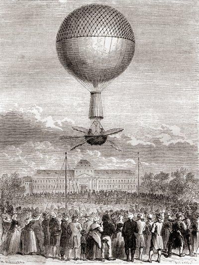 Den første vellykkede ballongflyvningen til Jean-Pierre François Blanchard 2. mars 1784, i en hydrogengassballong skutt opp fra Champ de Mars, Paris, Frankrike, fra Les Merveilles de la Science, publisert ca. 1870 (gravering) av French School