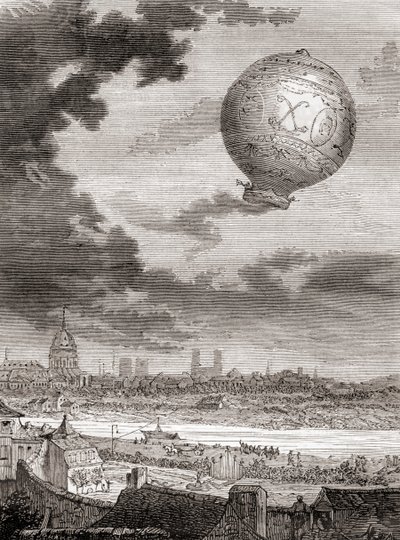 Den første ubundne ballongflyvningen, av Jean-François Pilâtre de Rozier og Marquis d'Arlandes 21. november 1783 i en Montgolfier-ballong, fra Les Merveilles de la Science, publisert ca. 1870 (gravering) av French School