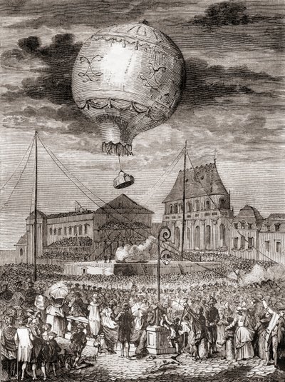 Flyturen til Aérostat Réveillon den 19. september 1783 av Montgolfier-brødrene i Versailles, Frankrike, før kong Louis XVI av Frankrike og dronning Marie Antoinette, fra Les Merveilles de la Science, publisert ca. 1870 (gravering) av French School