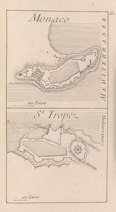 Festningsverkene i Monaco og St. Tropez, ca. 1760 (trykk) av French School